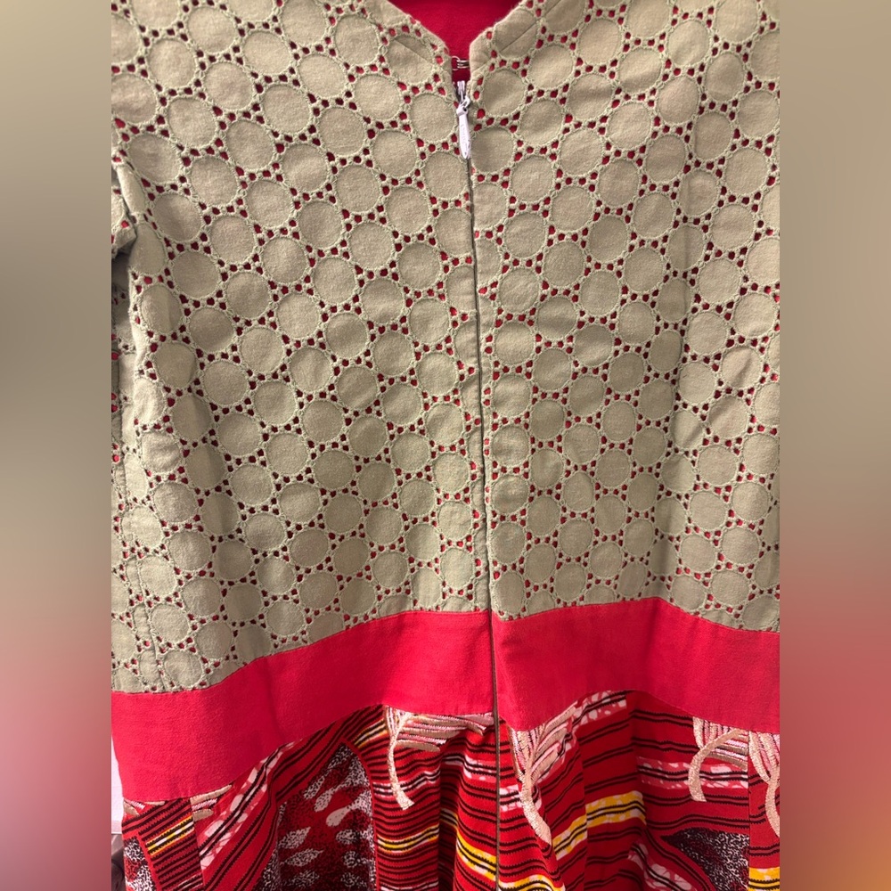 Handmade Sage Green & Bright Red Patterned Dress - Picture 6 of 7